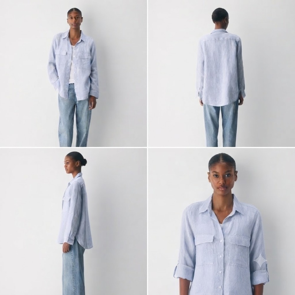 Aritzia Babaton Utility Linen Shirt Womens S Blue White Striped Long Sleeve